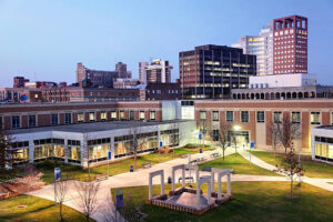 Modern buildings and landscaped grounds, viewed from above.