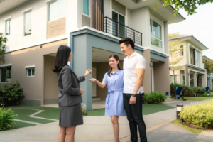 Wa We Property Management handing keys to a happy couple at a Property For Lease in Stamford, highlighting trusted rental property services